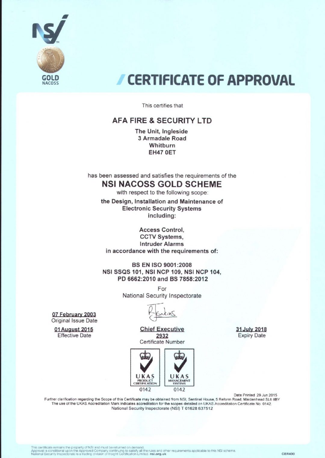 NSI NACOS Gold Certificate
